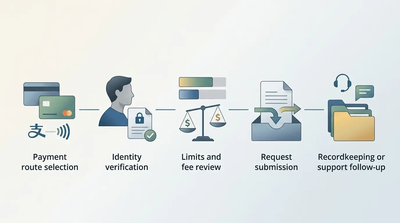 Editorial withdrawal flow from payment method through identity verification and withdrawal steps