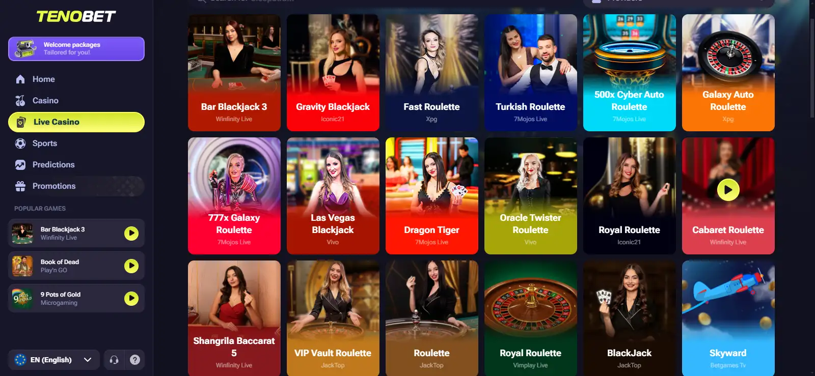 Real TenoBet live casino lobby showing live table categories