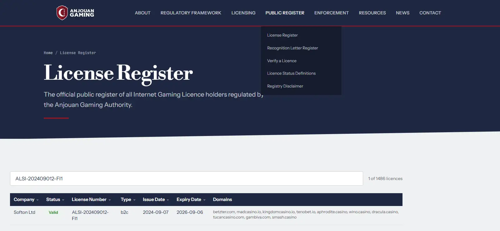 of the Anjouan licence register entry covering tenobet.io